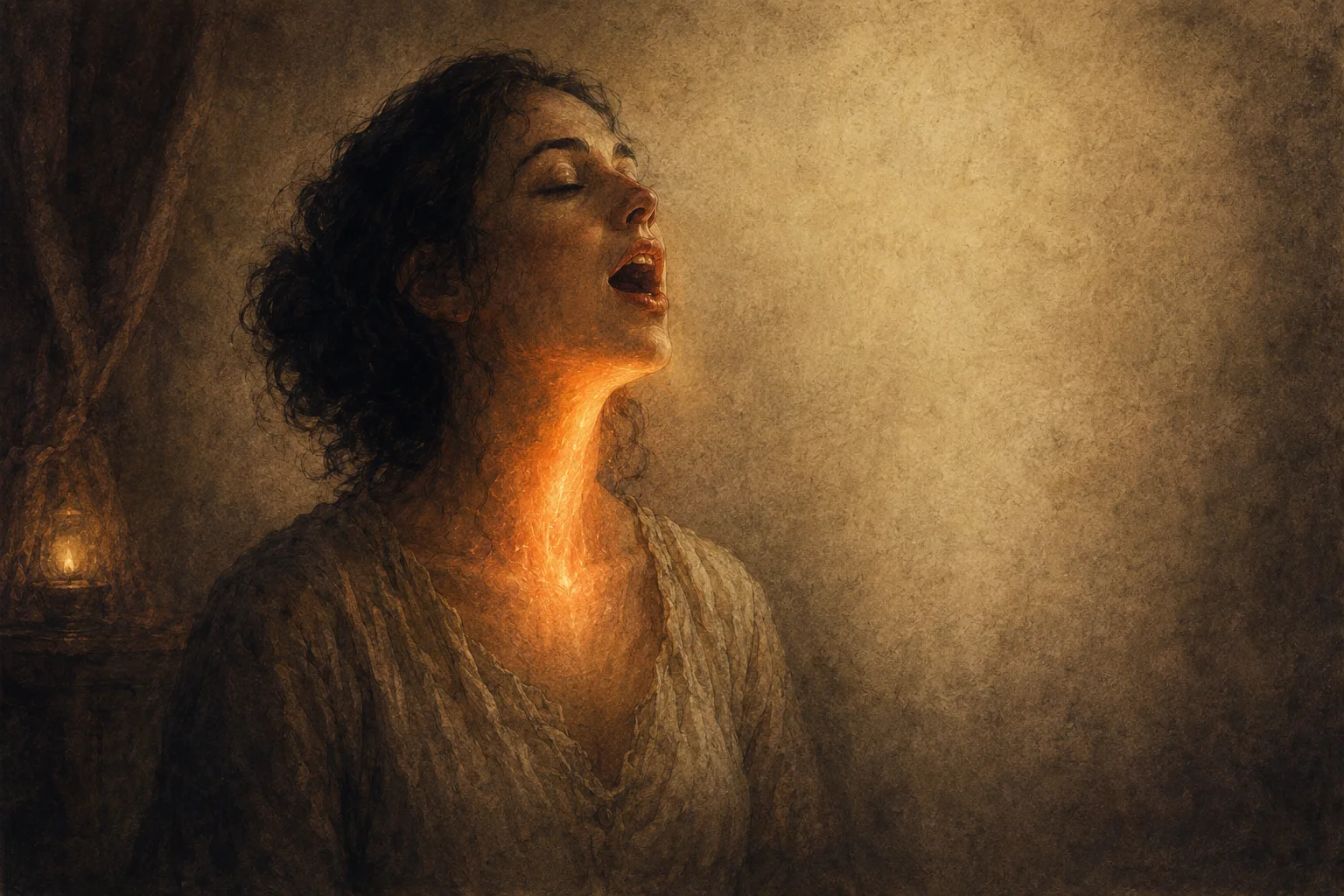 A figure sounding, a warm light glowing at the throat — the practice meeting what's been held in the body.