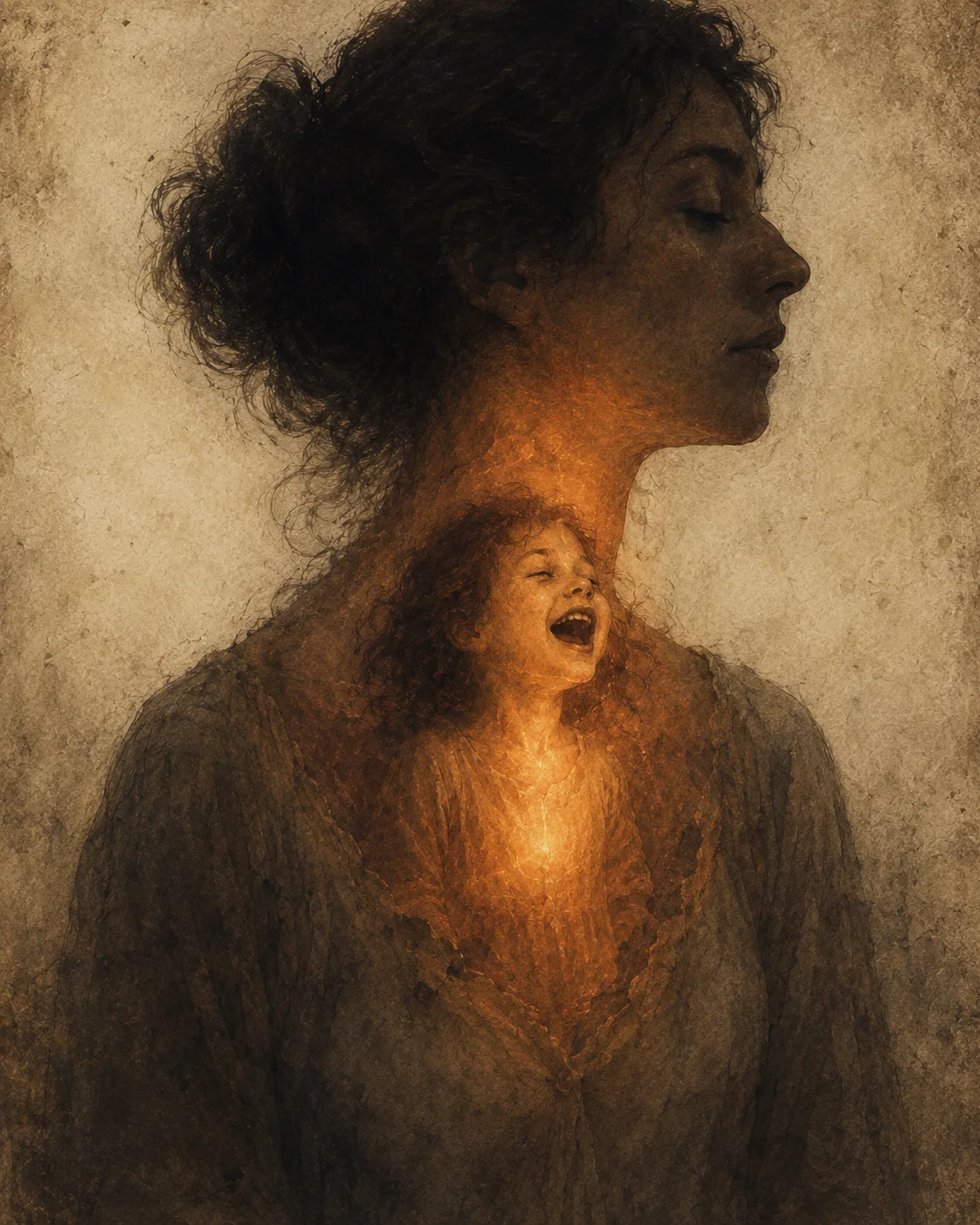 A woman in profile, eyes closed; in her chest a small child sounds out, glowing like an ember.