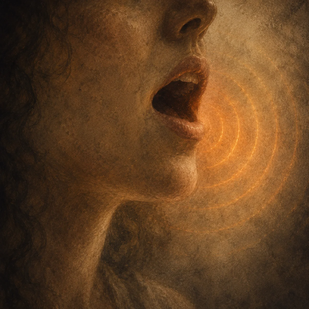 A profile in candlelight, mouth open, rings of sound moving outward.