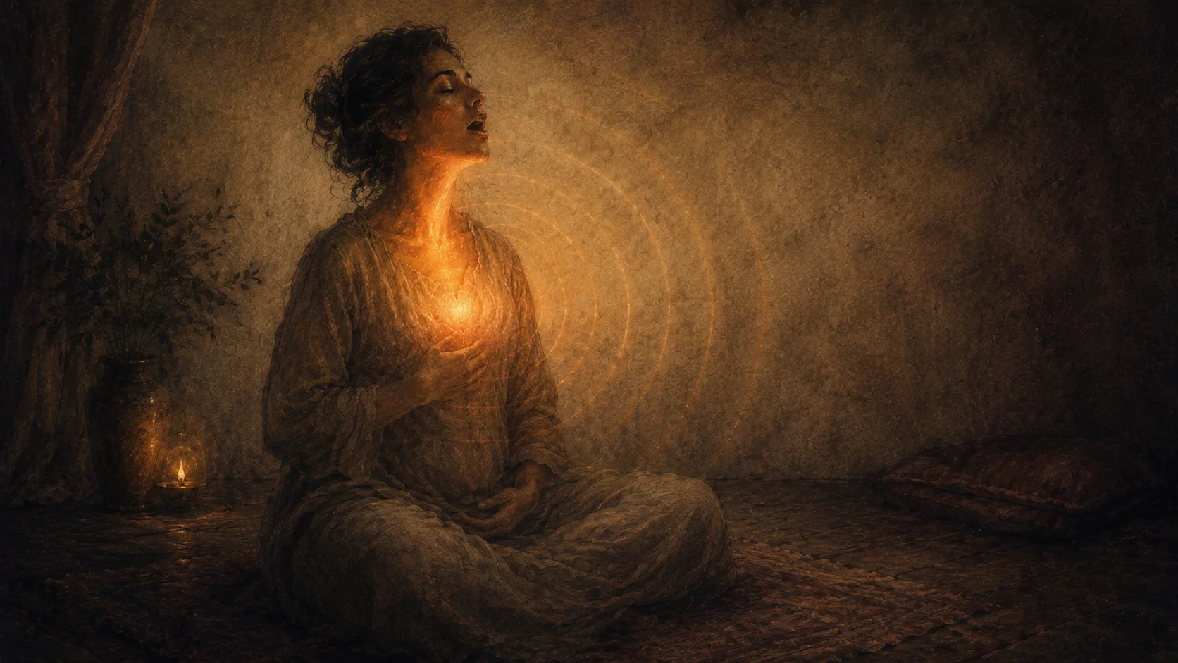 A seated figure, chest glowing, sound radiating into a dark room.