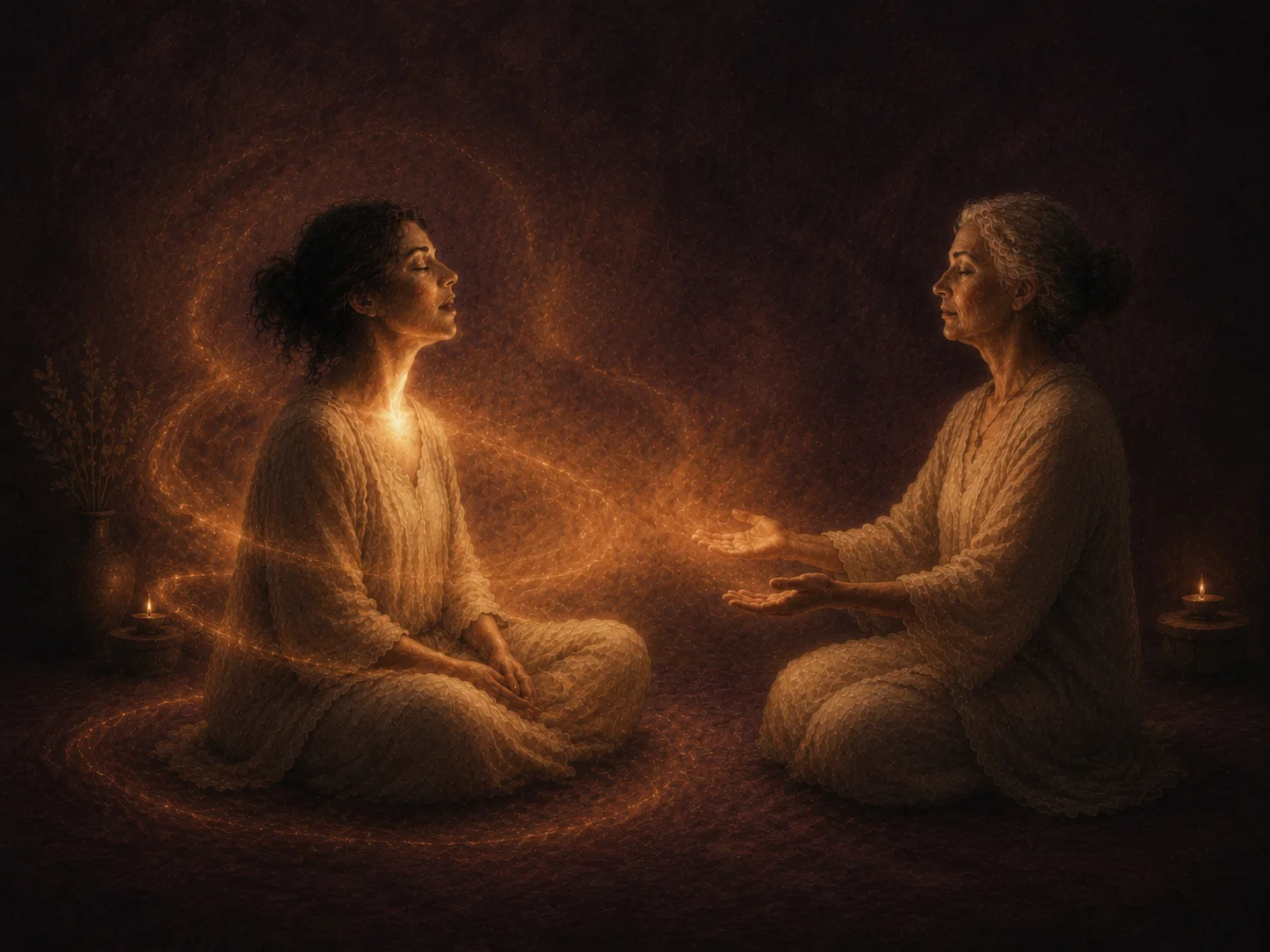 Two people seated facing each other, a thread of light between them.