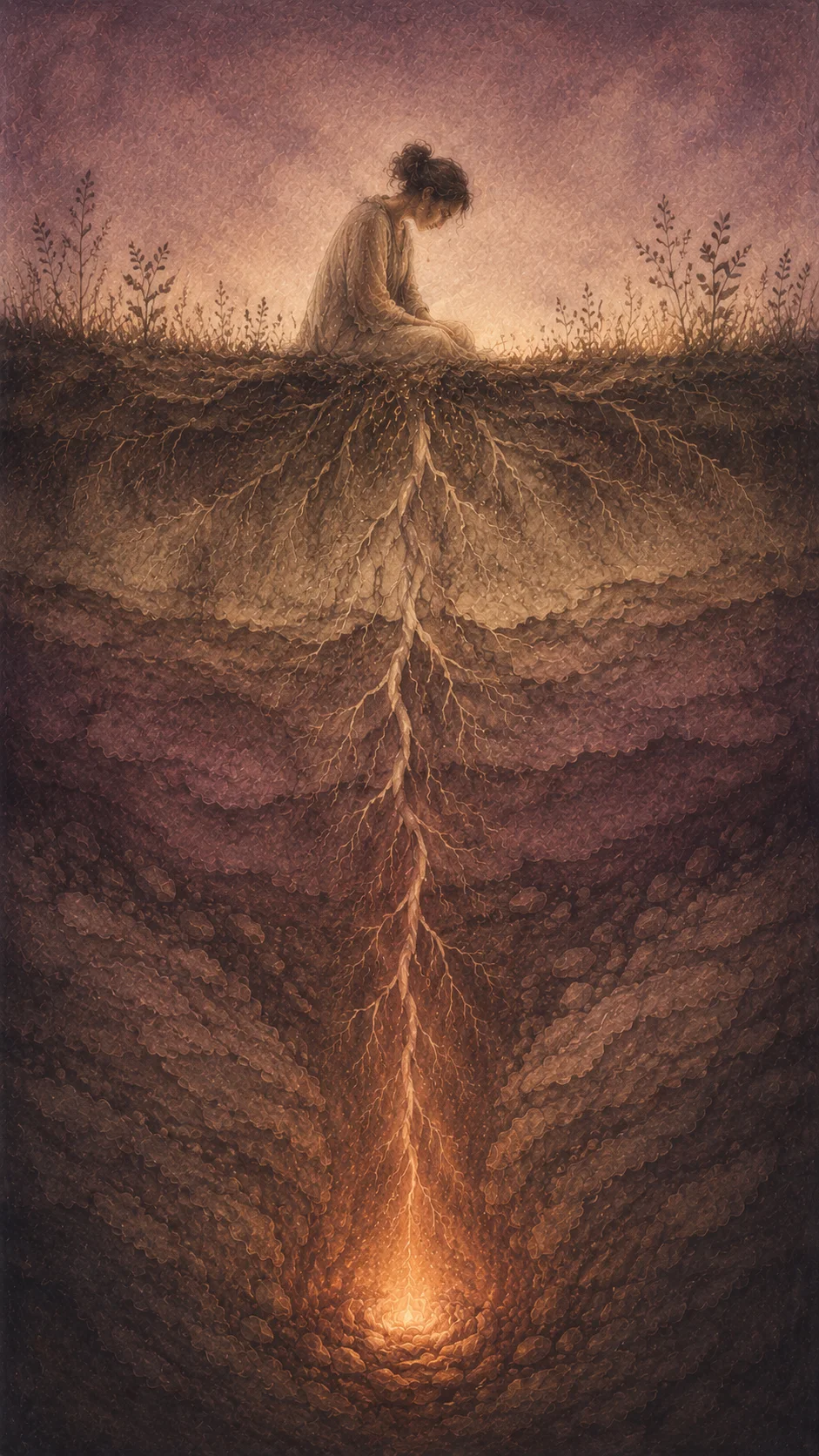 A seated figure on the surface, roots descending to a glowing ember deep underground.