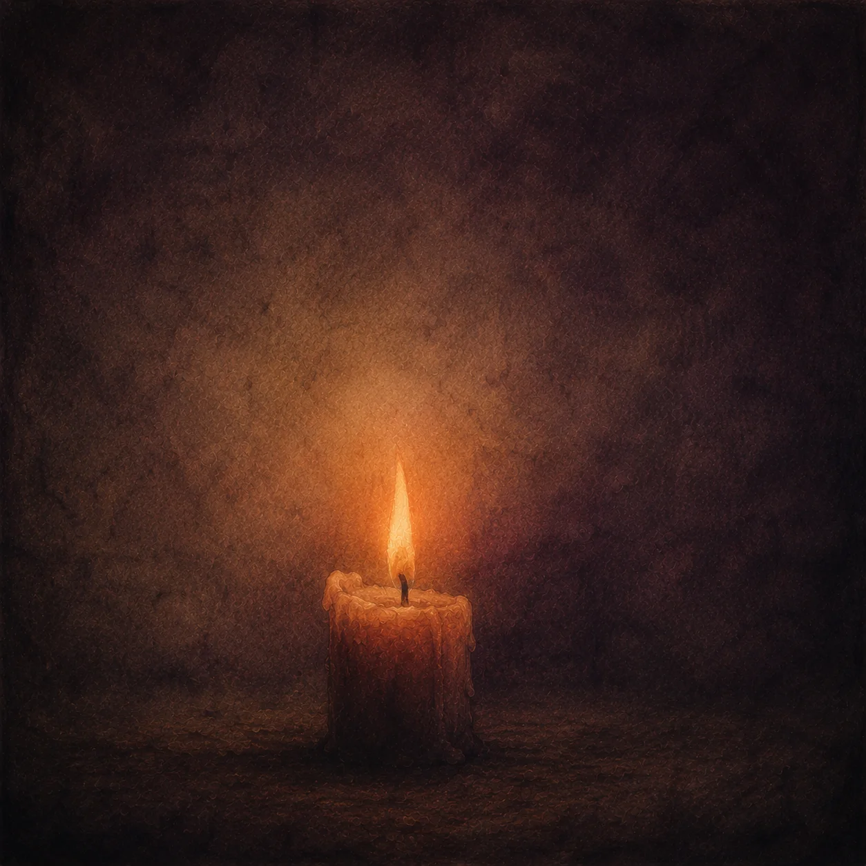 A single lit candle in a dark room.